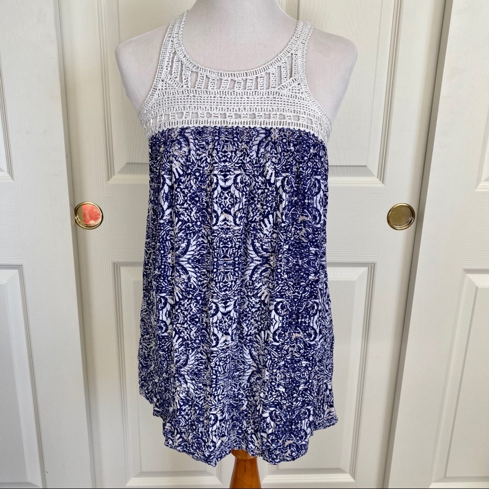 Aeropostale‎ Crochet Open Back Navy White Medallion Print Boho Tank Top Sz XS